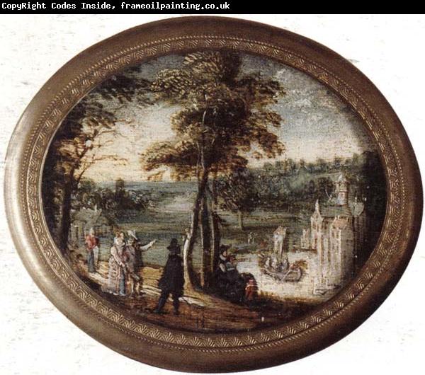 unknow artist A landscape with elegant figures promenading before a lake,a castle beyond
